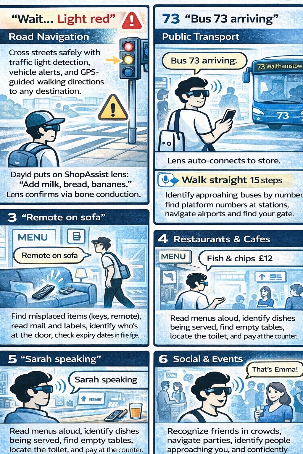 ShopAssist Smart Lens future use cases: Road Navigation with traffic light detection and GPS walking directions, Public Transport to identify buses and navigate stations, Home assistance to find misplaced items and read labels, Restaurants & Cafes to read menus and find tables, Meetings to identify speakers, and Social Events to recognize friends in crowds.